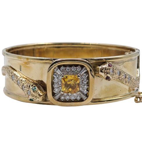 Ladies 9ct Yellow Gold Synthetic Sapphire, Diamond, Synthetic Emerald and Synthetic Ruby Bangle