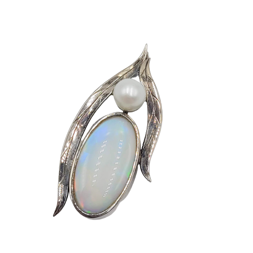 9ct White Gold Opal and Pearl Pendant