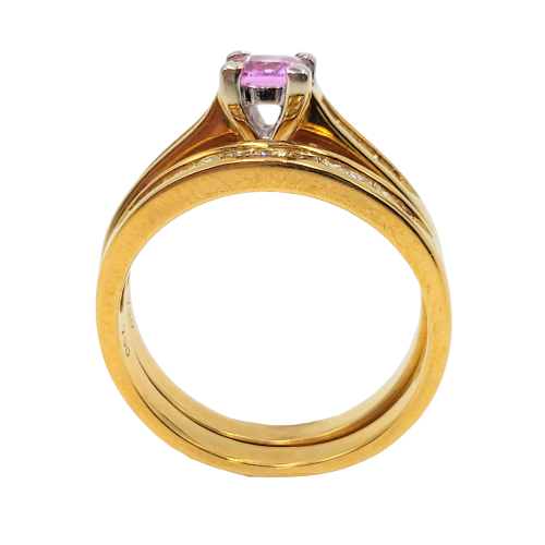 18ct Yellow Gold Pink Sapphire Invisible Setting  and Diamond Bridal Set