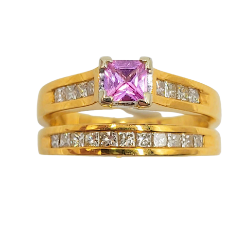18ct Yellow Gold Pink Sapphire Invisible Setting  and Diamond Bridal Set
