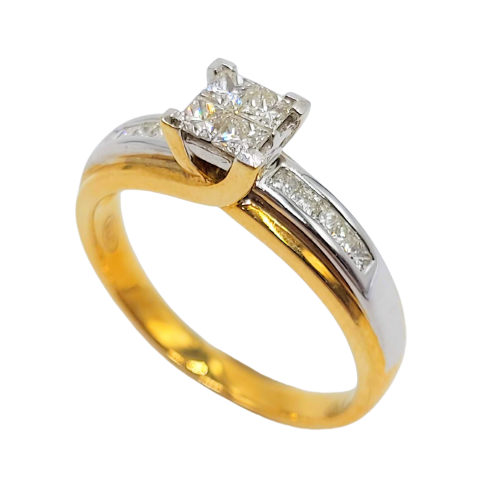 18ct Two Tone Gold Princess Cut Solitaire Pave Diamond Ring