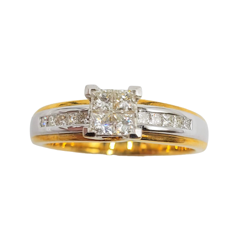 18ct Two Tone Gold Princess Cut Solitaire Pave Diamond Ring