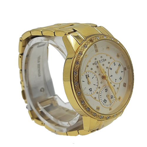 Ladies Guess Gold Metal Band Round White Face Analogue Watch