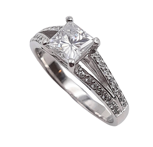 18ct White Gold Synthetic Moissanite and Diamond Solitaire Ring