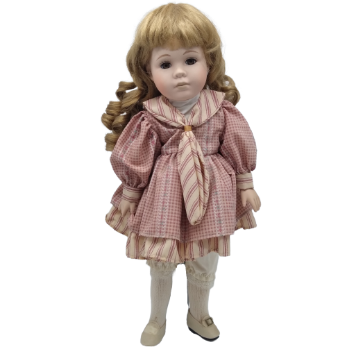Girl in Checker Dress on Stand Porcelain Doll