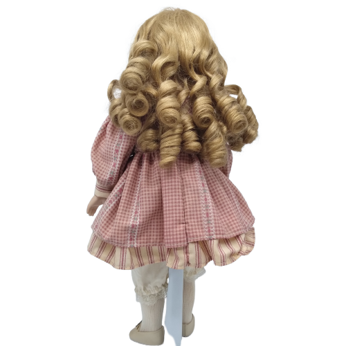 Girl in Checker Dress on Stand Porcelain Doll