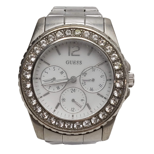 Ladies Guess Silver Metal Band Round White Face Analogue Watch