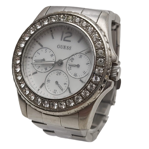 Ladies Guess Silver Metal Band Round White Face Analogue Watch