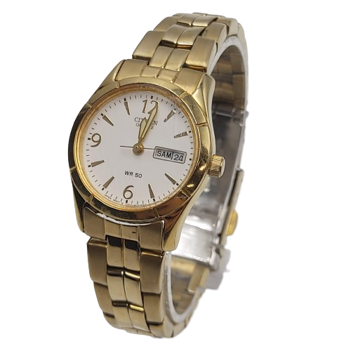 Ladies Citizen Round White Face Gold Metal Band Analogue Watch