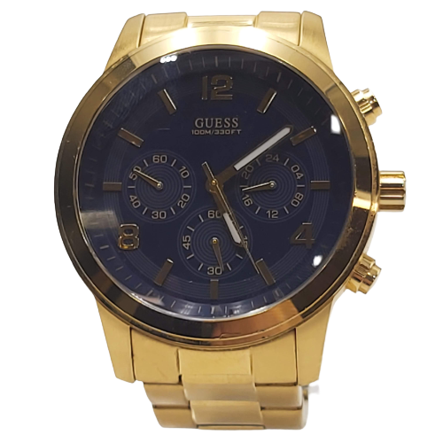 Mens Guess Gold Metal Band Round Blue Face Analogue Watch