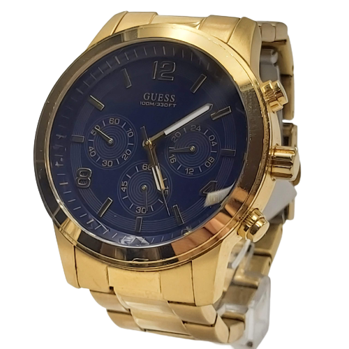 Mens Guess Gold Metal Band Round Blue Face Analogue Watch