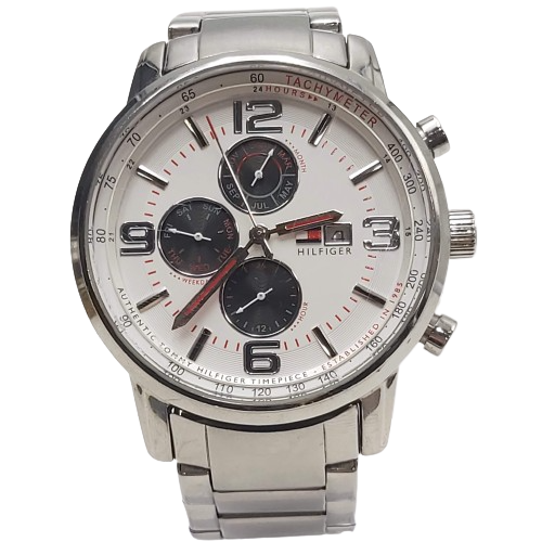 Mens Tommy Hilfiger Silver Metal Band Round White Face Analogue Watch
